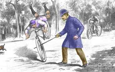 Mann steckt Fahrradfahrer Stock in Speichen Zeichnung